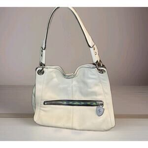 OrYANY Cream Leather Shoulder Bag with Signature Teal Lining & Silver Hardware